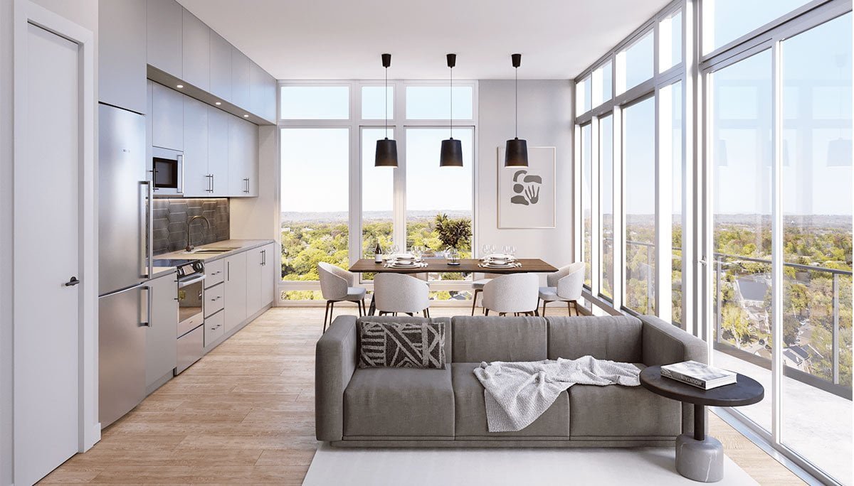 A modern living room in a new condo with a view of the city. A modern living room in a new condo with a view of the city.