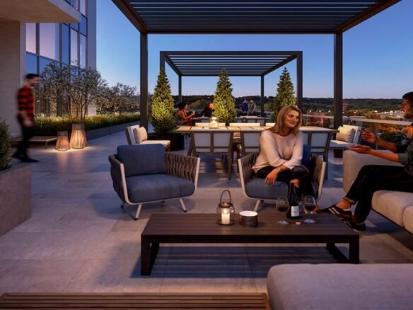 An artist's rendering of a rooftop patio in new homes and new condos in Gta.
