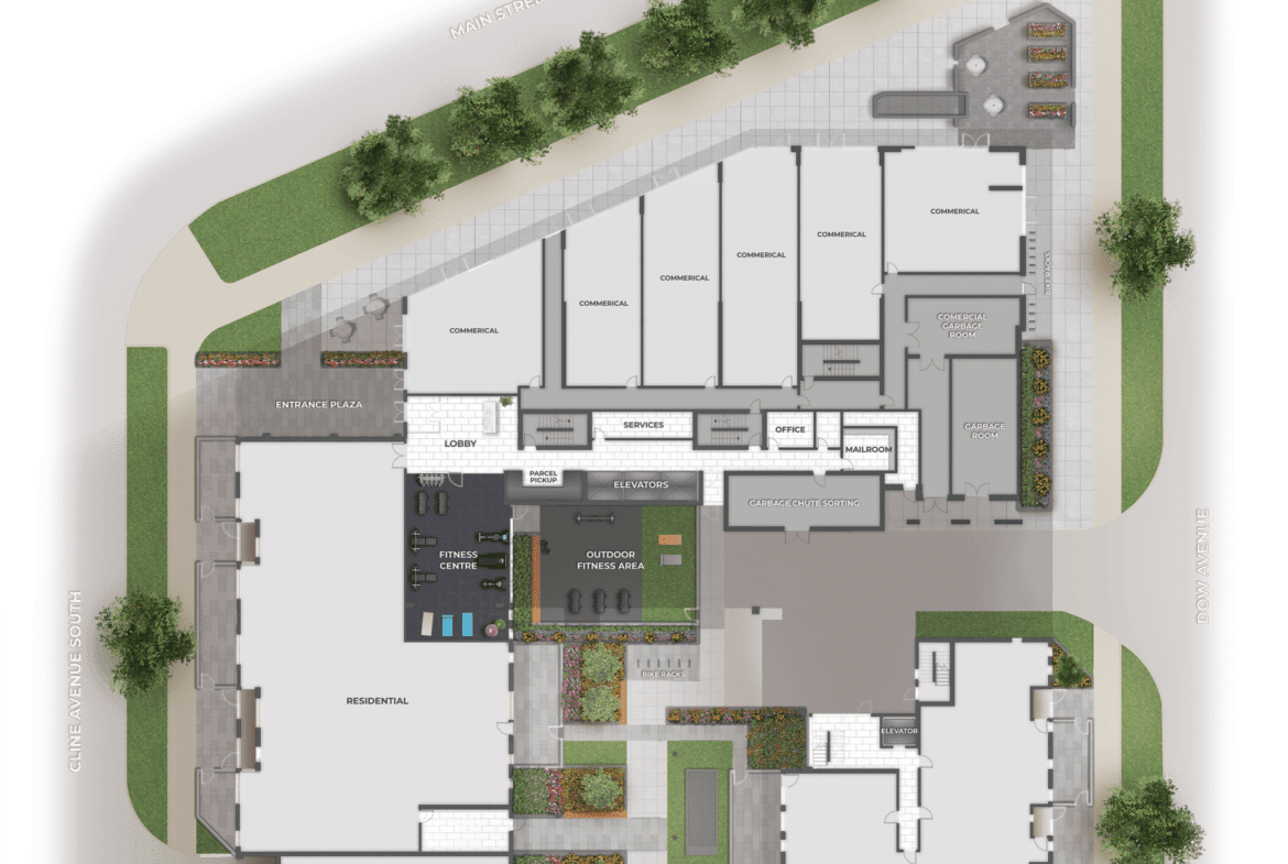 A floor plan of a building with a large parking lot for new homes in Gta.