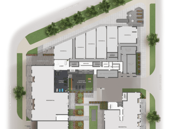 A floor plan of a building with a large parking lot for new homes in Gta.