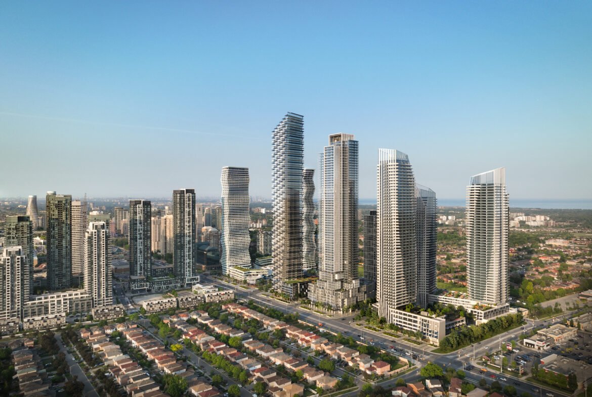 An aerial view of new condos in Gta with tall buildings.