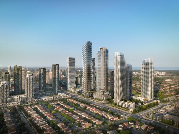 An aerial view of new condos in Gta with tall buildings.