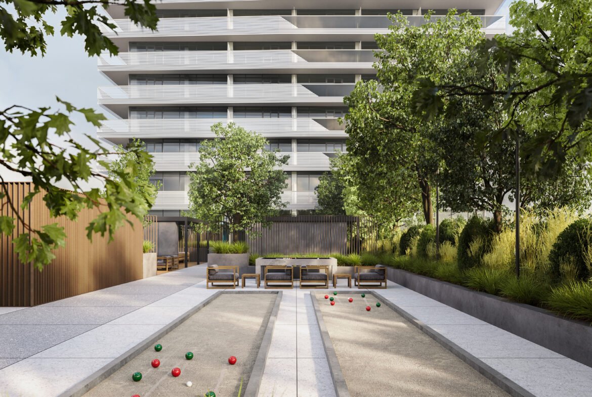 An artist's rendering of new condos in Gta with a bocce ball court.