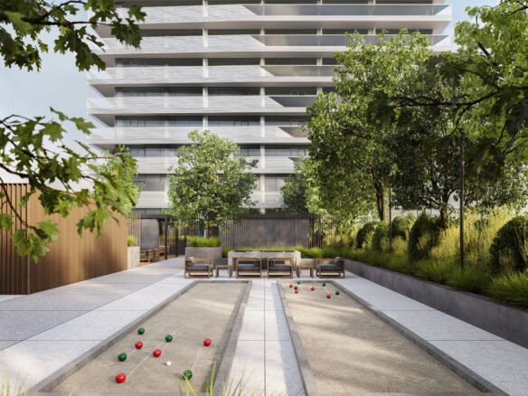 An artist's rendering of new condos in Gta with a bocce ball court.