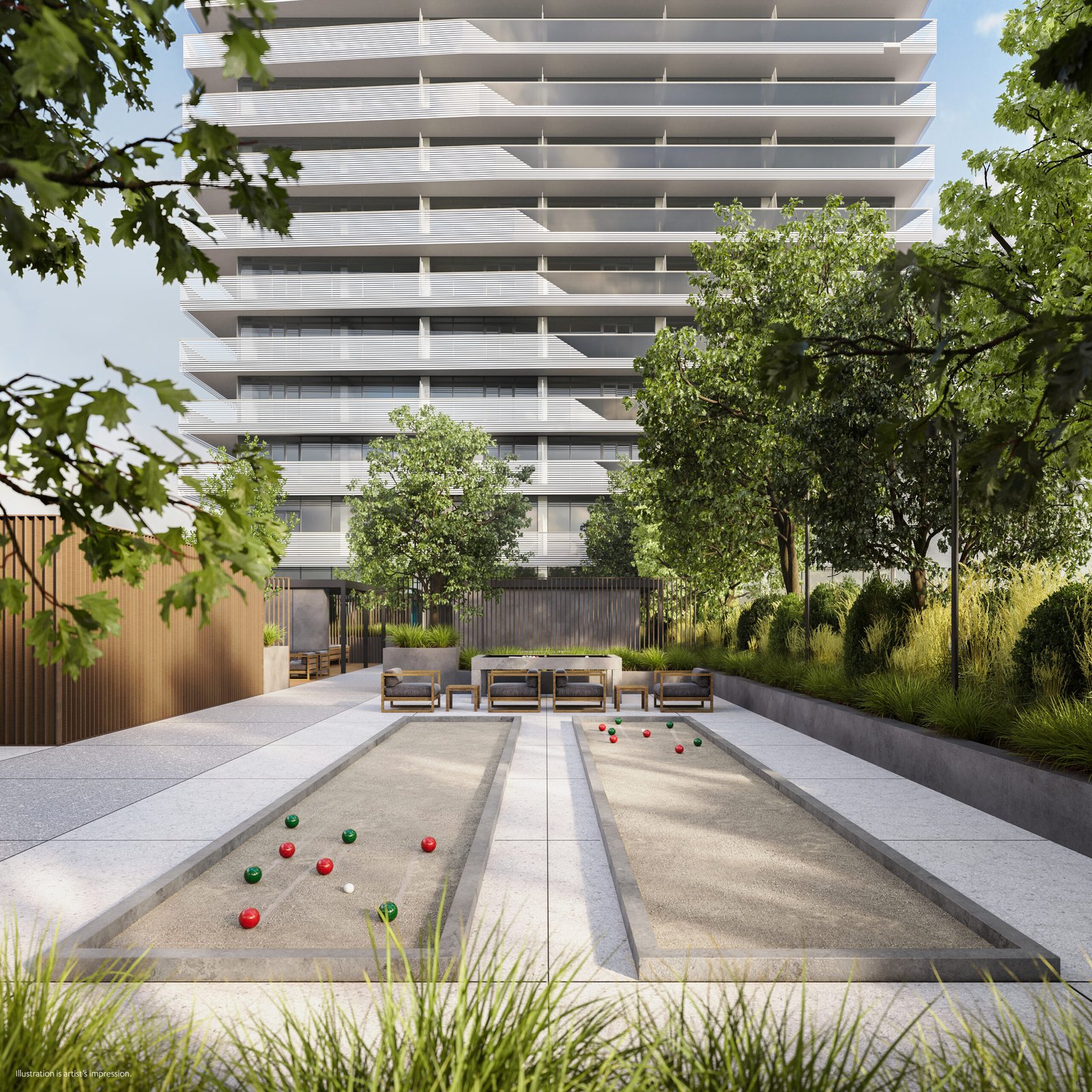 An artist’s rendering of new condos in Gta with a bocce ball court. An artist's rendering of new condos in Gta with a bocce ball court.
