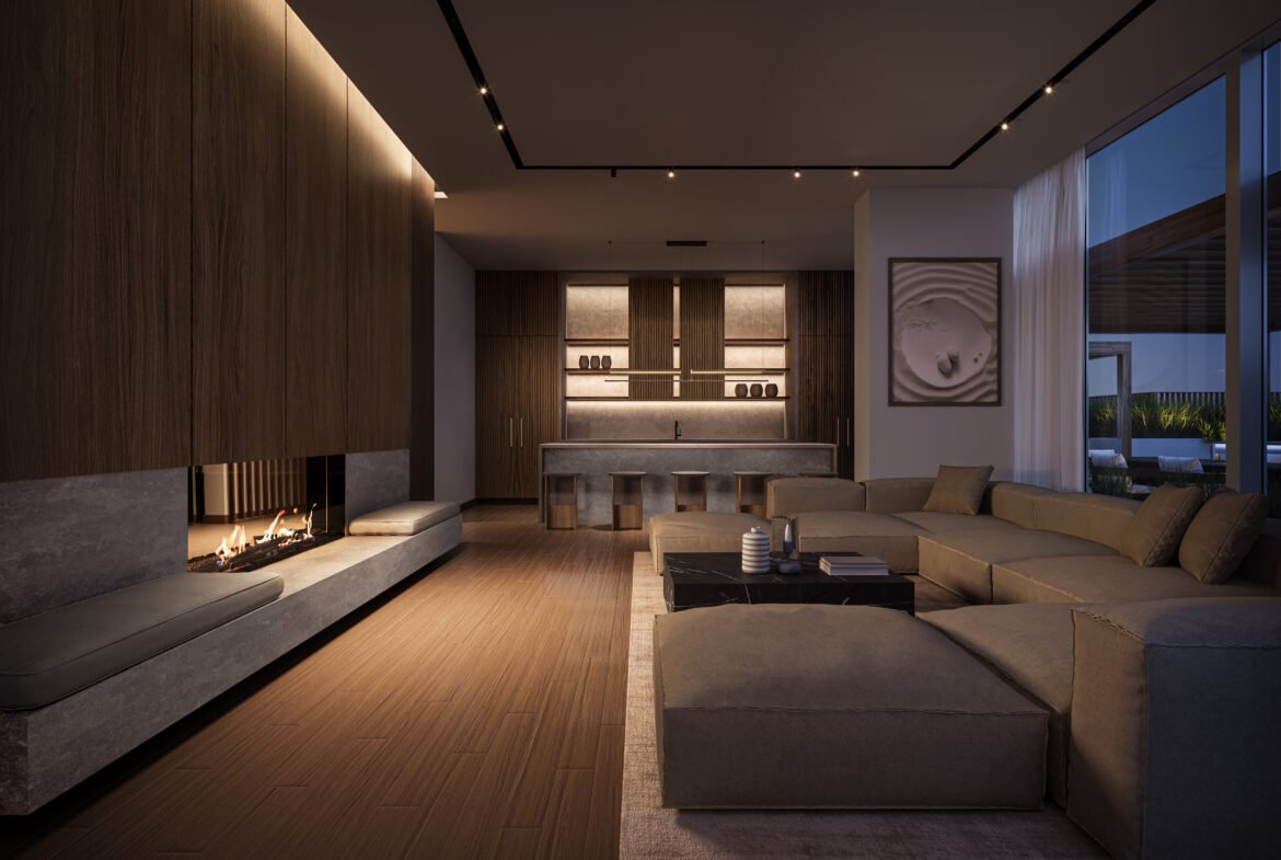 A modern living room with a fireplace in new homes in Gta.