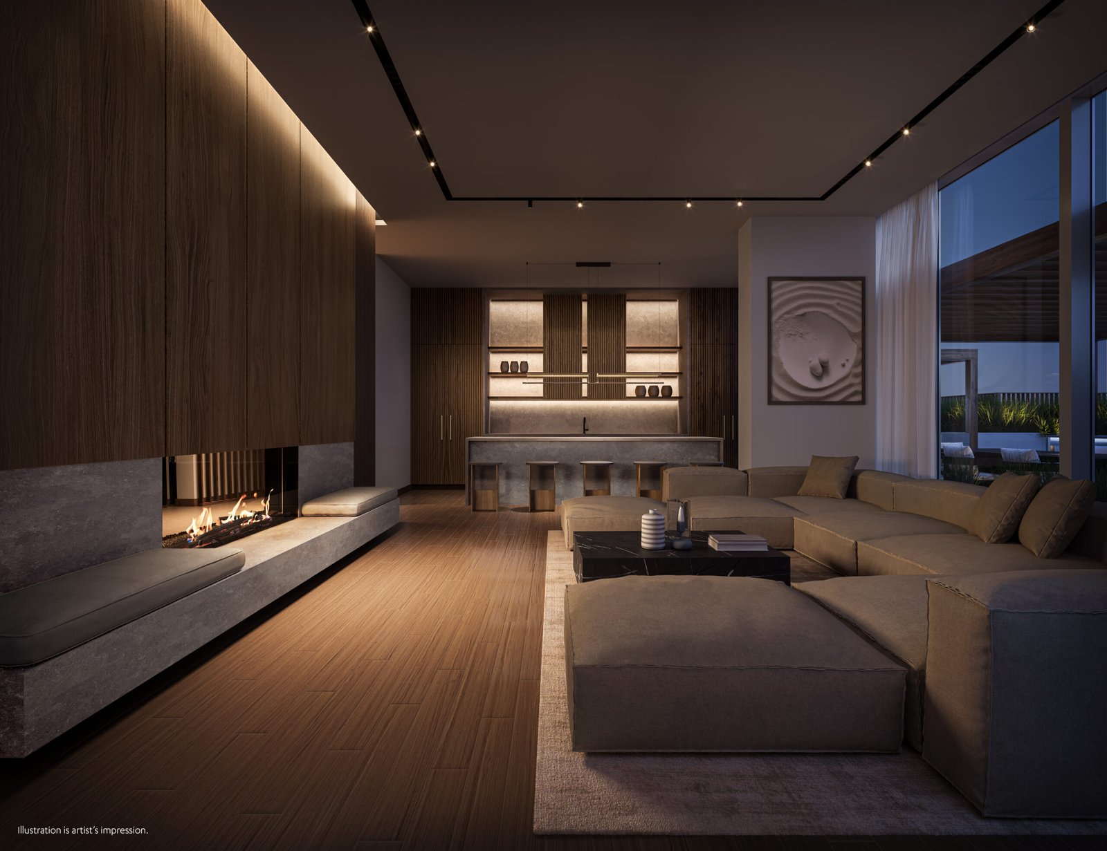 A modern living room with a fireplace in new homes in Gta. A modern living room with a fireplace in new homes in Gta.