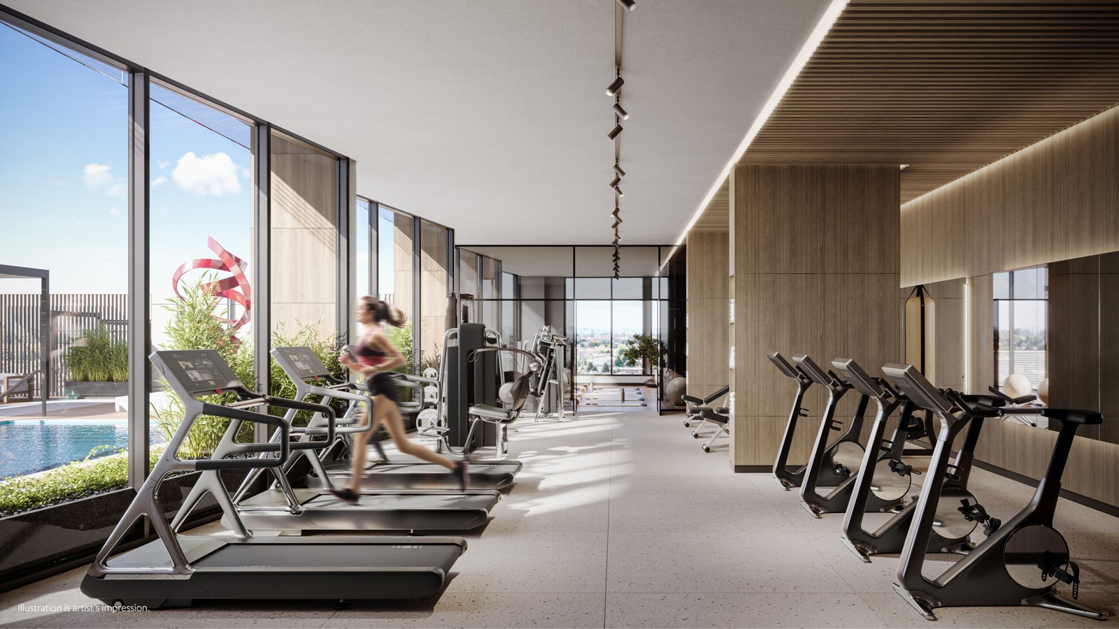 A gym with treadmills and elliptical machines. A gym with treadmills and elliptical machines.
