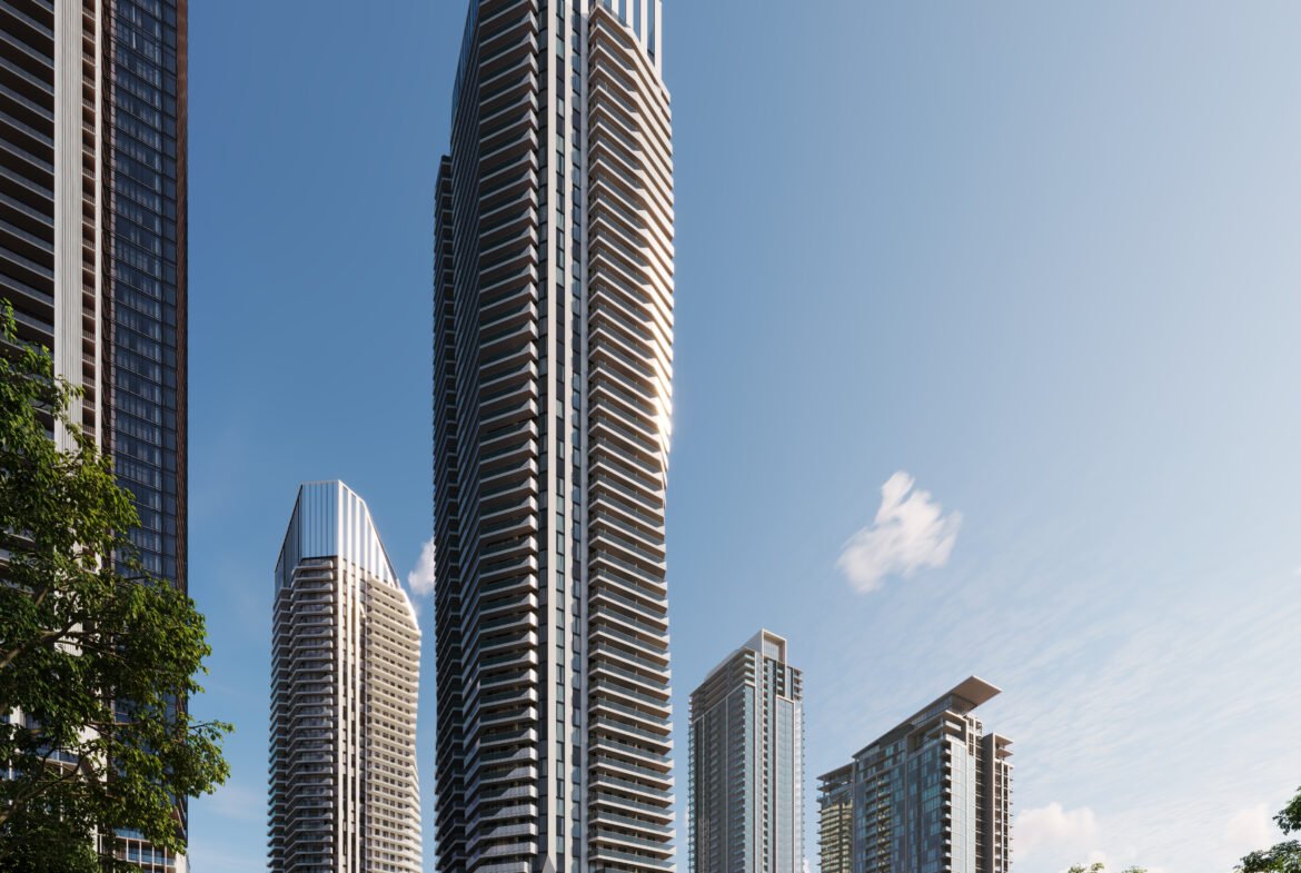 An artist's rendering of new homes in Gta, a tall building in the middle of a city.