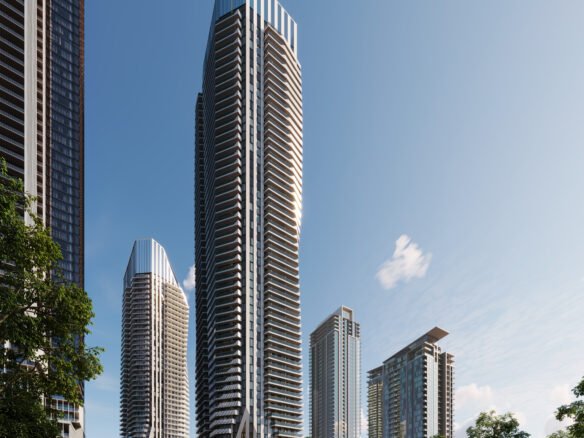 An artist's rendering of new homes in Gta, a tall building in the middle of a city.