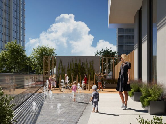 An artist's rendering of a new condos in Gta play area in front of a building.