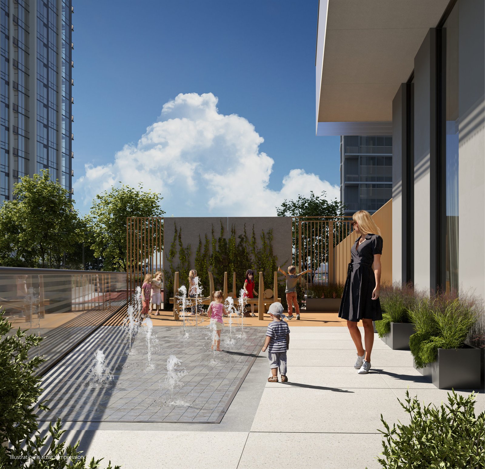 An artist’s rendering of a new condos in Gta play area in front of a building. An artist's rendering of a new condos in Gta play area in front of a building.