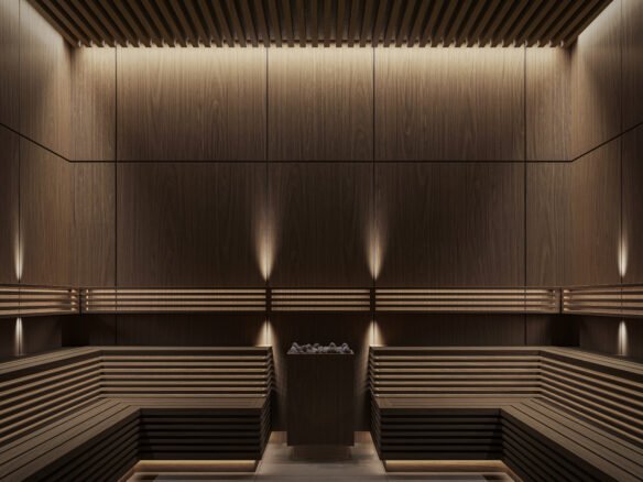 A sauna room with wooden benches and lighting, perfect for new condos in GTA.