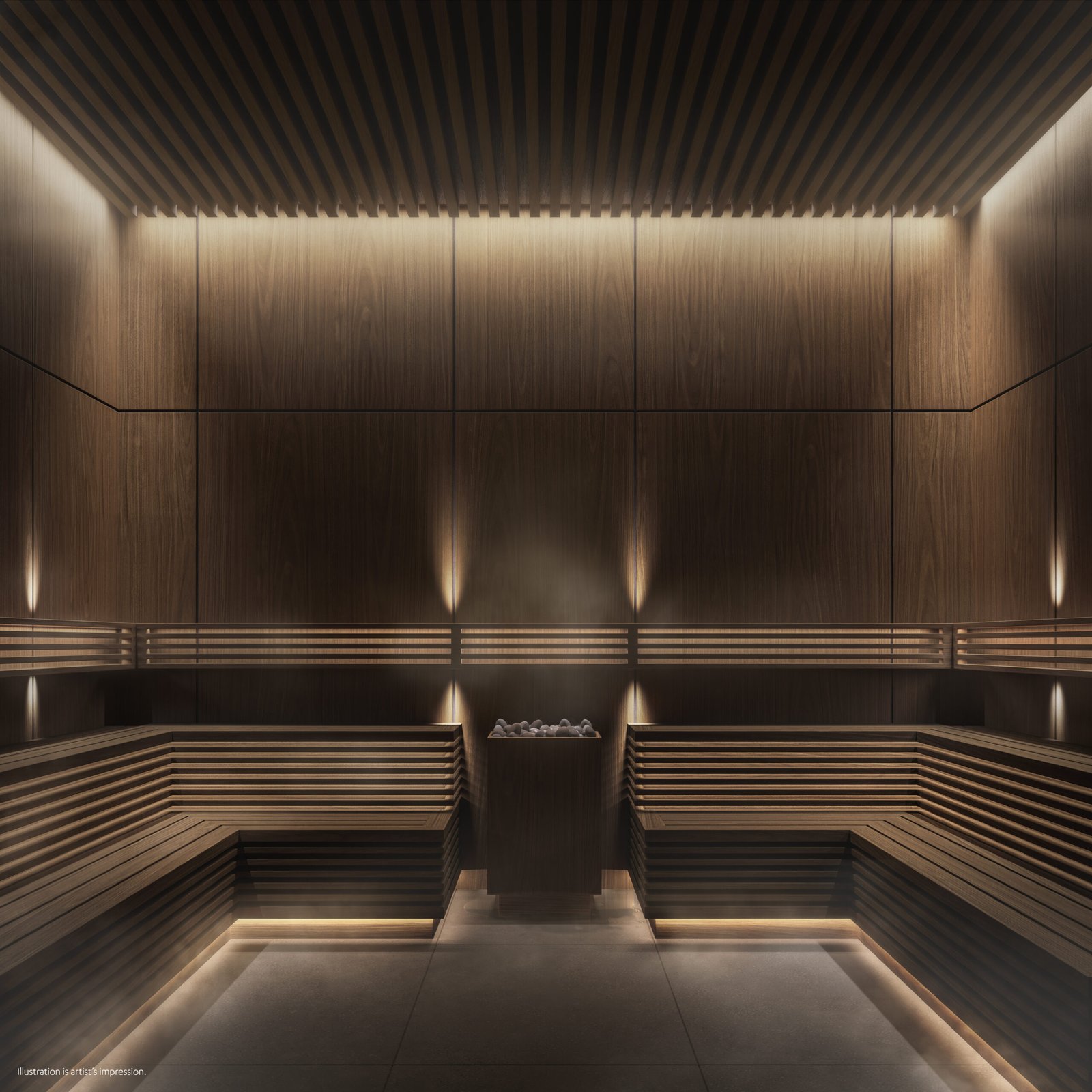 A sauna room with wooden benches and lighting in new homes in the GTA. A sauna room with wooden benches and lighting in new homes in the GTA.