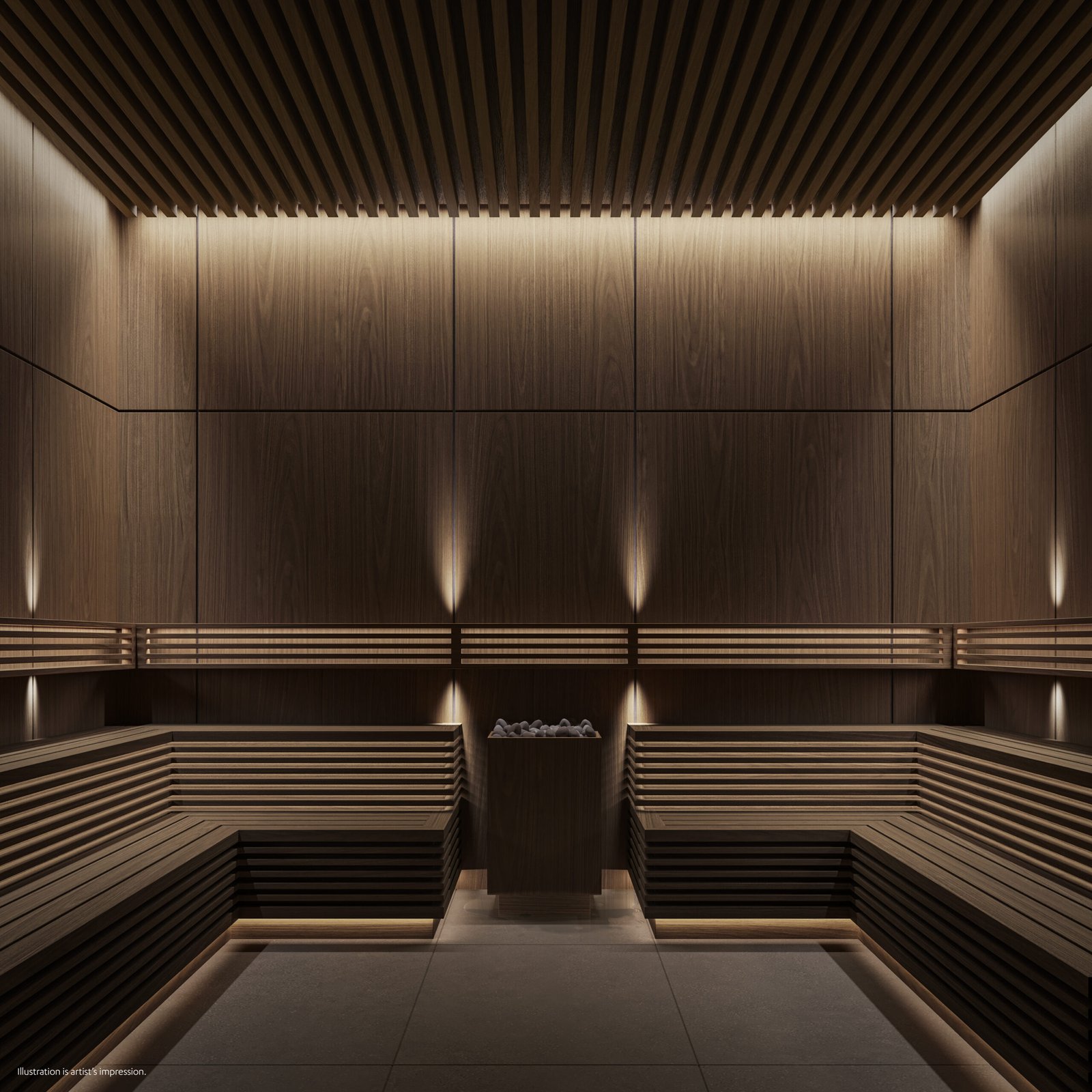 A sauna room with wooden benches and lighting, perfect for new condos in GTA. A sauna room with wooden benches and lighting, perfect for new condos in GTA.