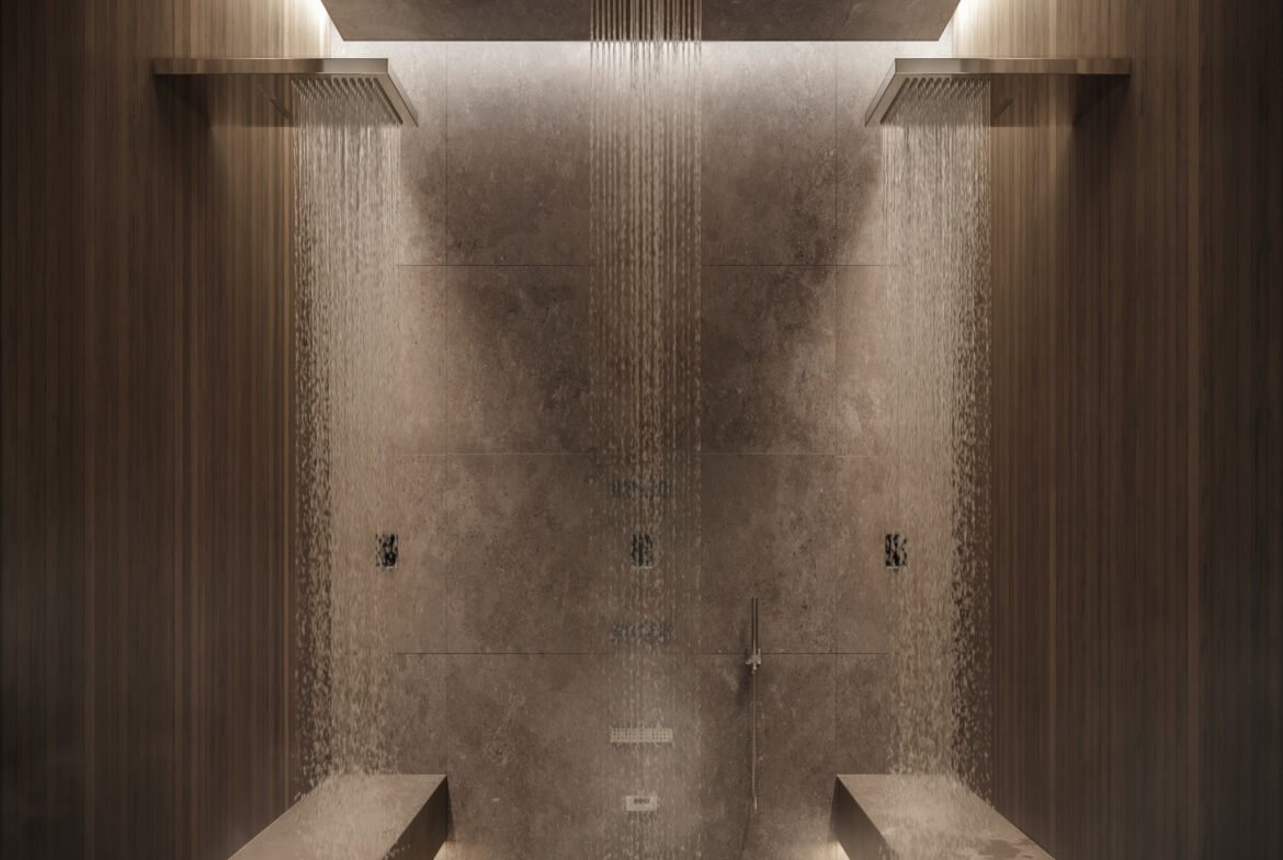 A bathroom with a shower and a bench, perfect for new homes and pre-construction homes in Gta.