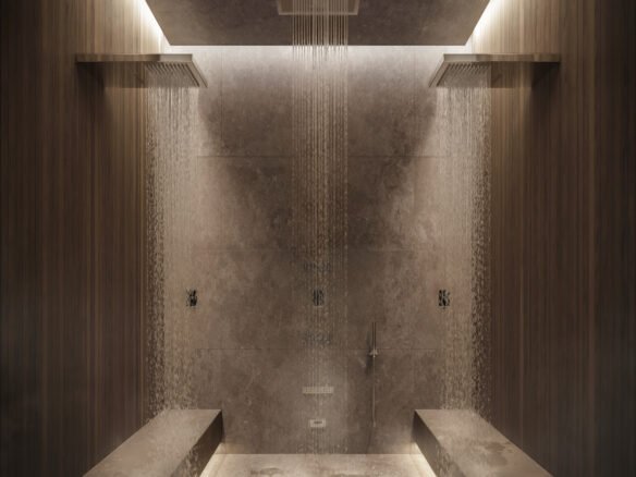 A bathroom with a shower and a bench, perfect for new homes and pre-construction homes in Gta.