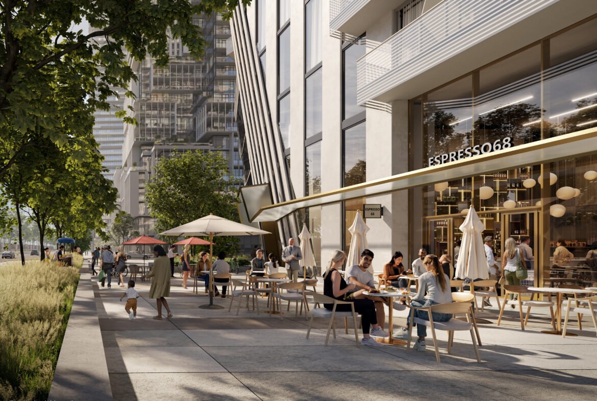 An artist's rendering of new homes in GTA, with people sitting at tables.