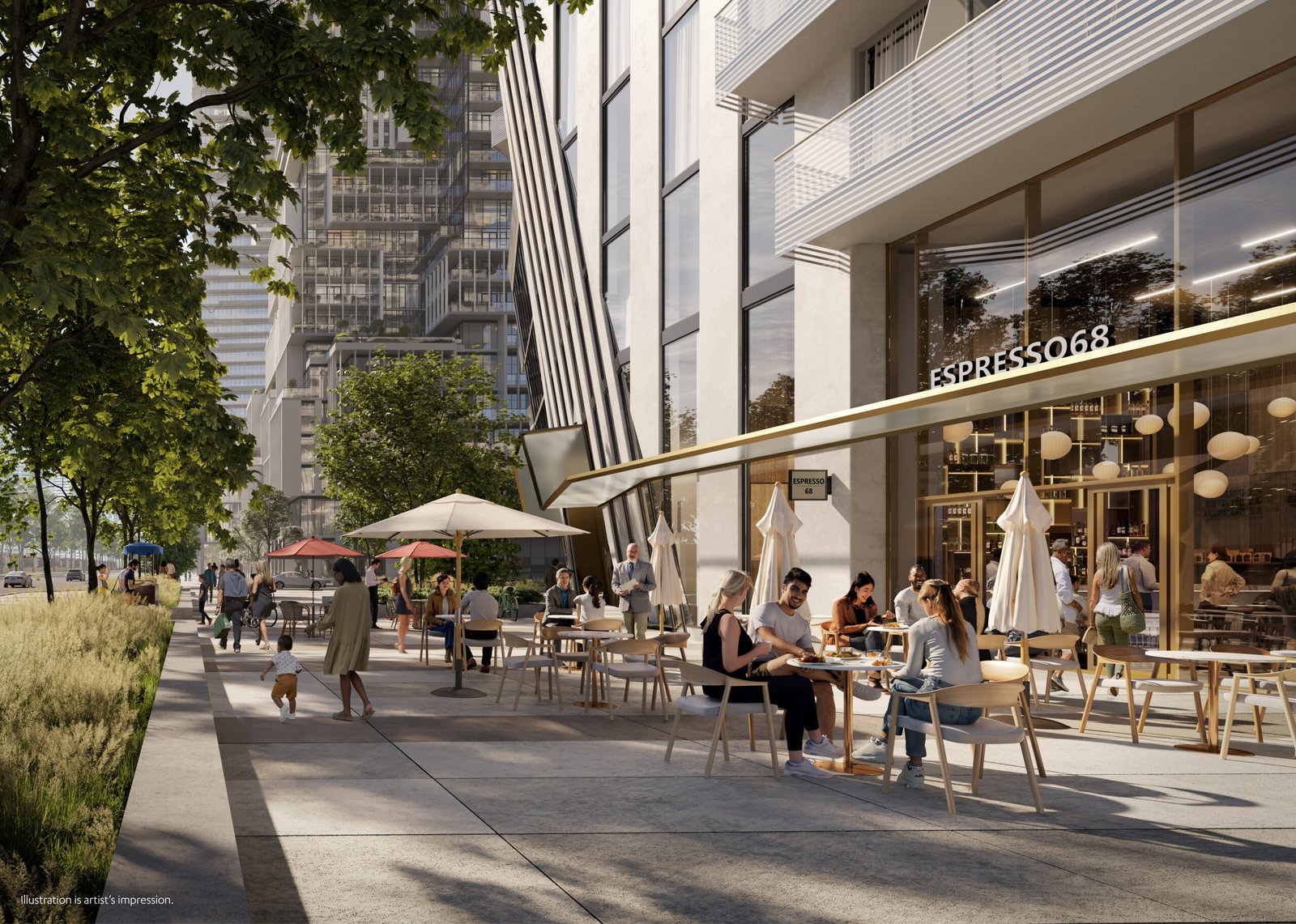 An artist’s rendering of new homes in GTA, with people sitting at tables. An artist's rendering of new homes in GTA, with people sitting at tables.