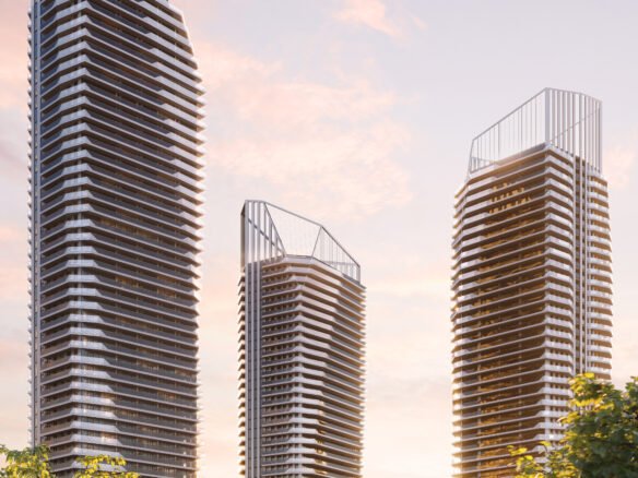 Three new condos in Gta, towering buildings with trees in the background.