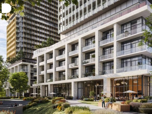 Modern urban residential and commercial building with a landscaped entrance. People are walking and relaxing in the shared outdoor space, which features seating and greenery. Explore available New condos in this vibrant community.