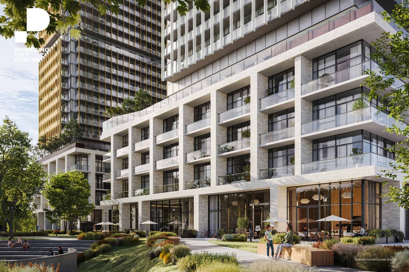 Modern urban residential and commercial building with a landscaped entrance. People are walking and relaxing in the shared outdoor space, which features seating and greenery. Explore available New condos in this vibrant community. Modern urban residential and commercial building with a landscaped entrance. People are walking and relaxing in the shared outdoor space, which features seating and greenery. Explore available New condos in this vibrant community.