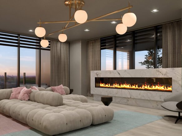 A living room in a new home with large windows.