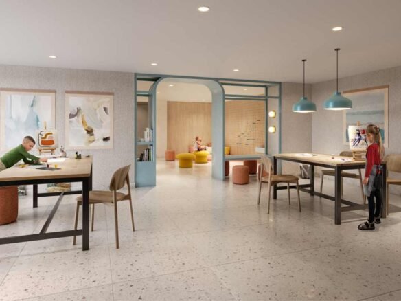 An artist's rendering of new homes in Gta with tables and chairs.