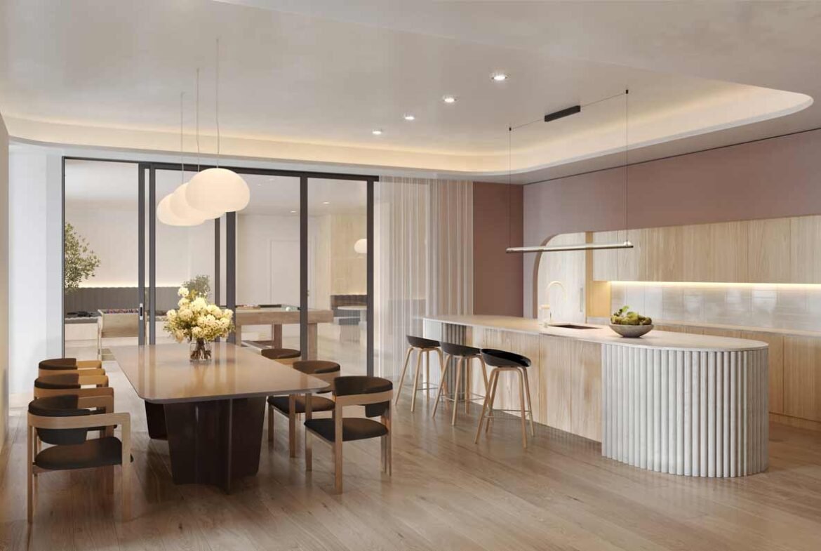 A modern kitchen with wooden floors is found in new homes in Gta, featuring a dining table.