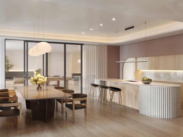 A modern kitchen with wooden floors is found in new homes in Gta, featuring a dining table.