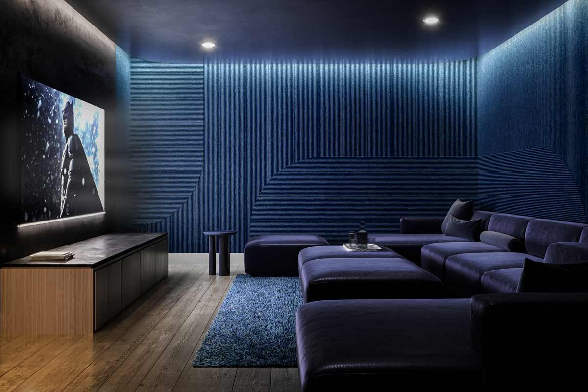 A home theater room with blue walls and a TV. New homes in Gta, Pre construction Homes, New condos in Gta. A home theater room with blue walls and a TV. New homes in Gta, Pre construction Homes, New condos in Gta.