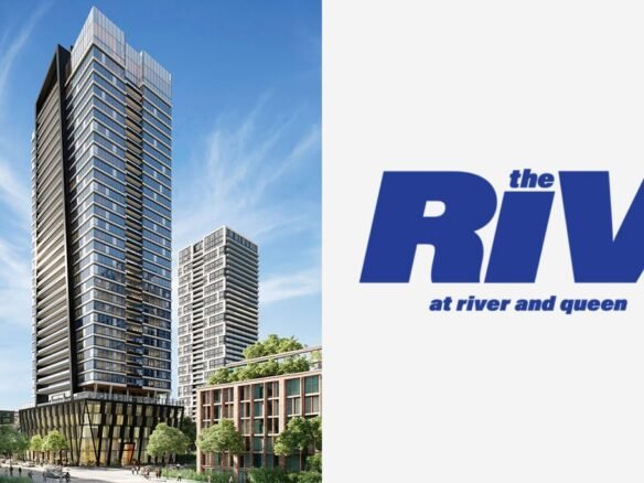 A tall pre construction home with trees and a blue logo.