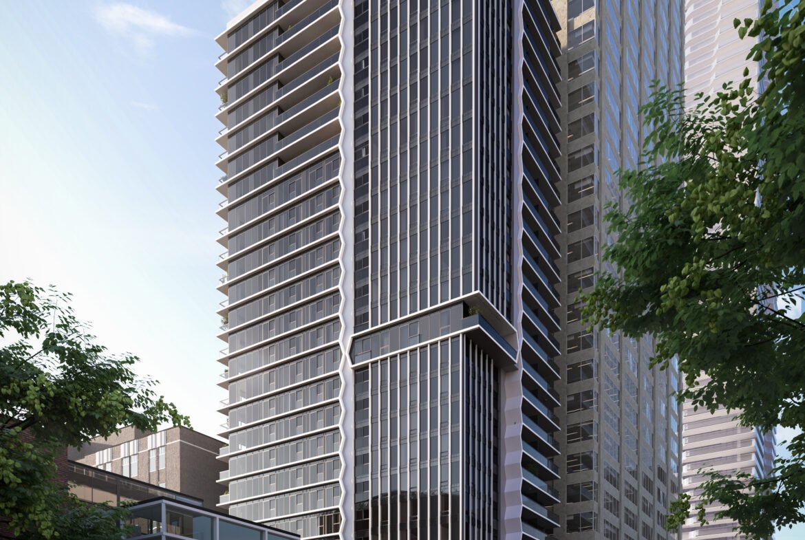 A sleek, modern high-rise with a glass facade commands attention in an urban setting. Its unique architecture rises above shorter brick structures at the base. Pedestrians and vehicles navigate the surrounding streets, hinting at nearby new homes and pre-construction opportunities.