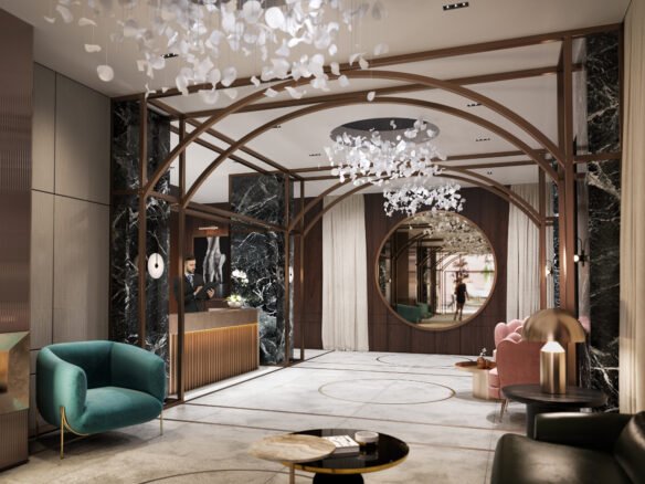 Luxurious hotel lobby featuring modern furniture, a fireplace, and a chandelier. The space includes a reception desk, stylish chairs, and elegant decor with dark marble accents and soft lighting. Experience sophistication akin to the design of new condos in Brampton with every detail meticulously curated.