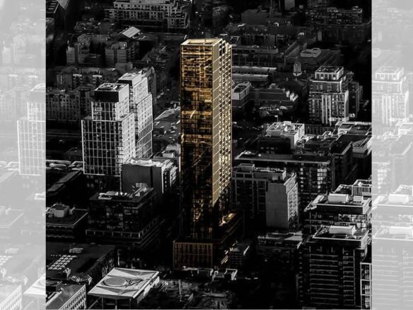Aerial view of a cityscape at dusk with a prominent golden skyscraper casting long shadows among surrounding buildings. The reflective surface contrasts with the darker tones of the city, while new condos in Brampton rise up on the horizon, enhancing the modern skyline.