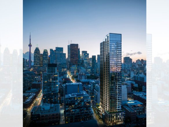 A cityscape at dusk showcases a skyline with tall buildings and a prominent modern skyscraper in the foreground. On the left, a recognizable tower stands against a fading blue sky. Streets below are illuminated by streetlights, reflecting the allure of new homes in Toronto.