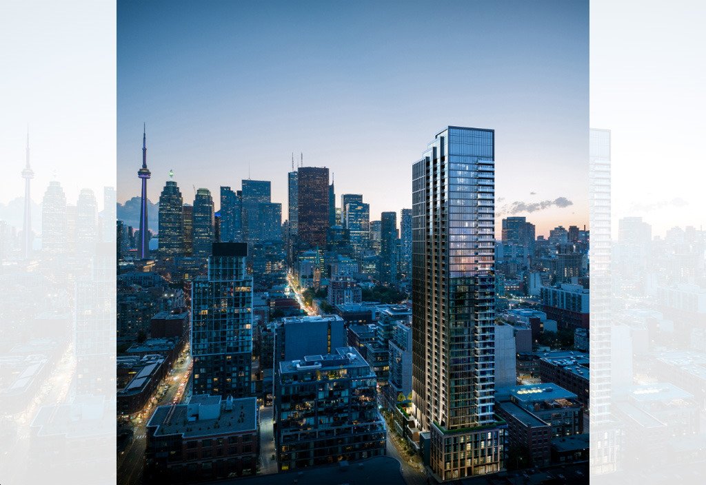 A cityscape at dusk showcases a skyline with tall buildings and a prominent modern skyscraper in the foreground. On the left, a recognizable tower stands against a fading blue sky. Streets below are illuminated by streetlights, reflecting the allure of new homes in Toronto.