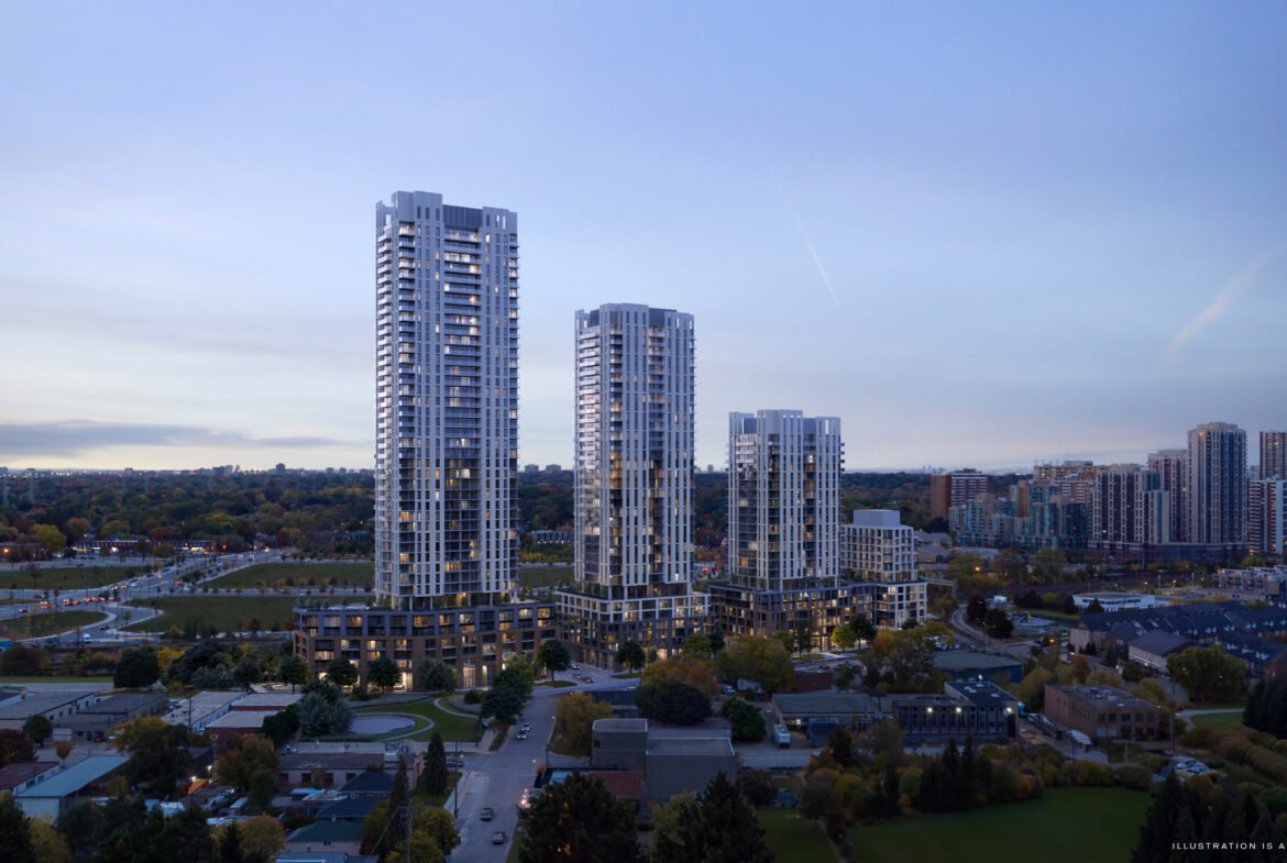 Aerial view of a modern urban skyline featuring tall New condos against a backdrop of a sunset and expansive tree-covered areas.