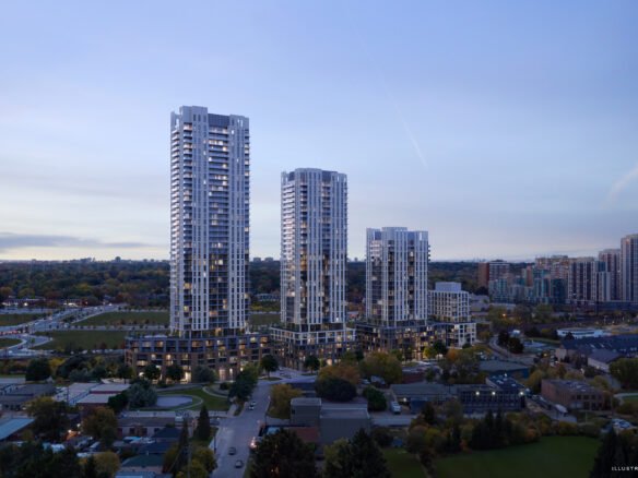 Aerial view of a modern urban skyline featuring tall New condos against a backdrop of a sunset and expansive tree-covered areas.