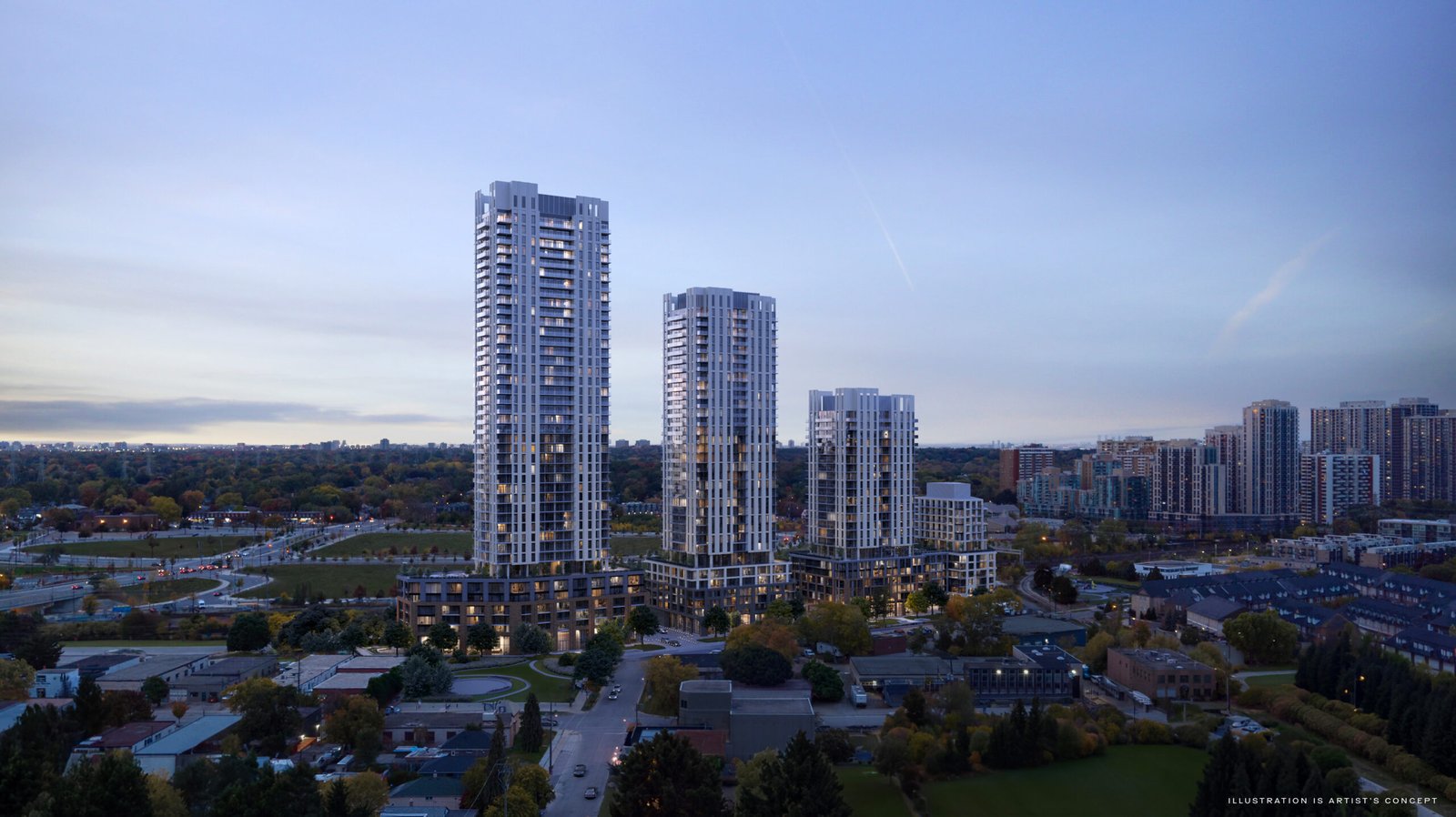 Aerial view of a modern urban skyline featuring tall New condos against a backdrop of a sunset and expansive tree-covered areas.