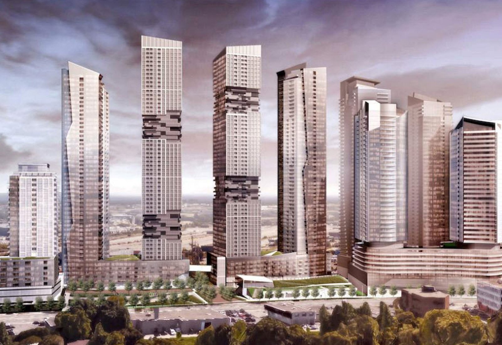 A digital rendering of a skyline featuring several tall, modern skyscrapers with unique designs. The buildings have a mix of glass and metal facades set against a cloudy sky. Green spaces and smaller structures are visible at the base, showcasing new homes in Toronto's urban landscape.