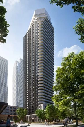 A modern skyscraper with distinct horizontal ribbing towers over a lively street decorated with trees under a clear blue sky. New condos and Pre-construction Homes add vibrancy to the urban setting.