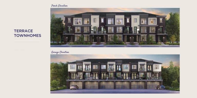 An illustration showcasing two levels of Terrace Townhomes in Brooklin Heights. The top section displays the front view, highlighting balconies and a variety of windows. The bottom section shows the rear view, featuring garages and additional balconies on the first floor.