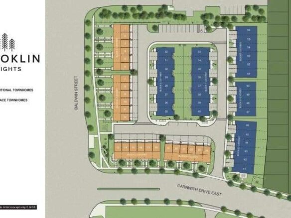 A site plan for Brooklin Heights showing the layout of traditional townhomes (in orange) and terrace townhomes (in blue). The development, featuring new homes bordered by Baldwin Street on the left and Carnwith Drive East at the bottom, also includes green spaces.