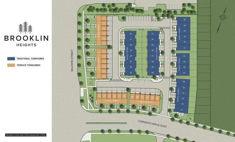 A site plan for Brooklin Heights showing the layout of traditional townhomes (in orange) and terrace townhomes (in blue). The development, featuring new homes bordered by Baldwin Street on the left and Carnwith Drive East at the bottom, also includes green spaces.