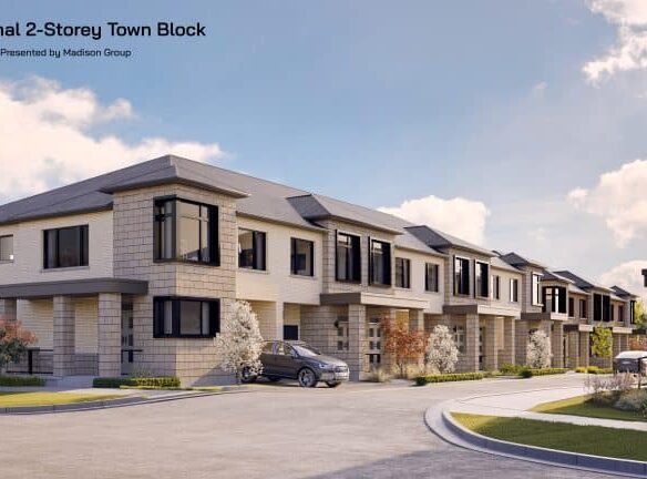 A modern residential street in Brooklin features a row of two-storey townhouses with gray exteriors and large windows. The sky is blue with a few clouds. Landscaping includes trees and shrubs. A car is parked in a driveway, and the caption reads "Traditional 2-Storey Town Block.