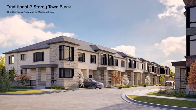 A modern residential street in Brooklin features a row of two-storey townhouses with gray exteriors and large windows. The sky is blue with a few clouds. Landscaping includes trees and shrubs. A car is parked in a driveway, and the caption reads "Traditional 2-Storey Town Block.