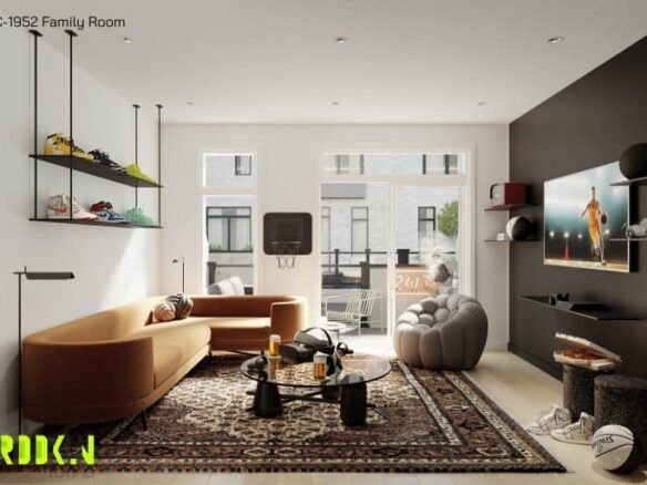 A modern family room in Brooklin Towns features a brown sofa, patterned rug, and glass coffee table. Wall-mounted shelves display sneakers. A plush beanbag and TV add comfort. Sunlight streams through large windows, illuminating the space where a basketball sits on the floor.