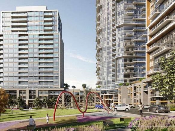 A modern residential complex featuring tall, multi-story buildings with glass facades. In the foreground, there's a grassy courtyard with a red abstract sculpture and a playground. People are walking and cars are parked nearby. Cloudy sky in the background highlights these new homes in GTA.