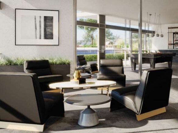 A modern lounge area with four black leather chairs around a round coffee table. Large windows provide natural light, and a pool table is visible in the background. A minimalist black-and-white painting is hung on the wall above a plant arrangement, adding sophistication to new homes in GTA.